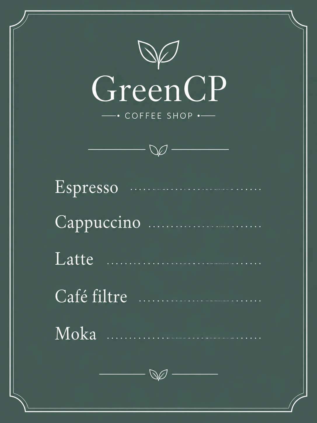 Carte des cafés de GreenCP : espresso, cappuccino, latte, café filtre, moka